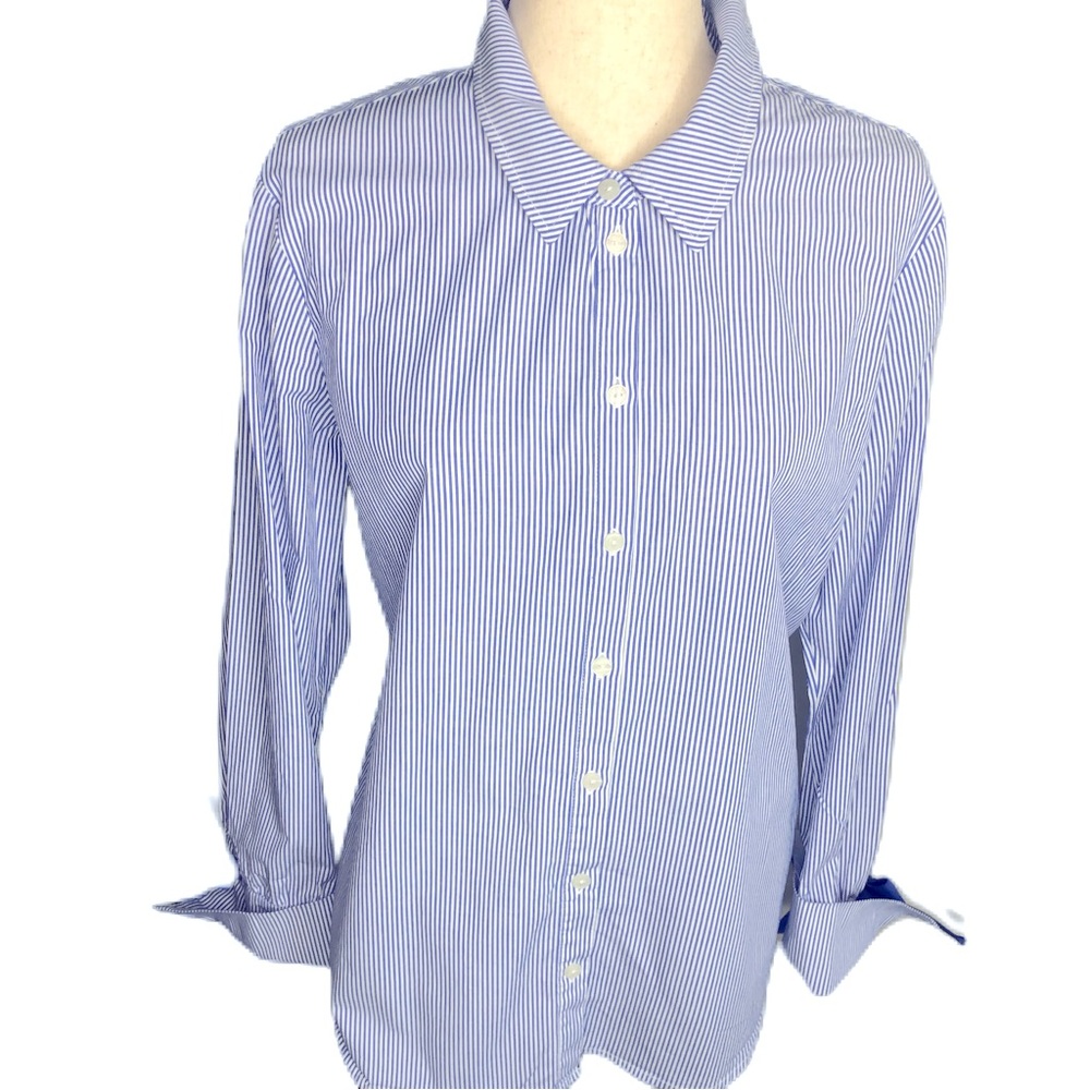 Sanctuary XL Blue/White Striped Cotton Button Down Shirt With Tie Back and Cuffs